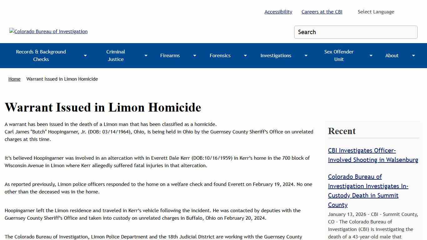 Warrant Issued in Limon Homicide Colorado Bureau of Investigation